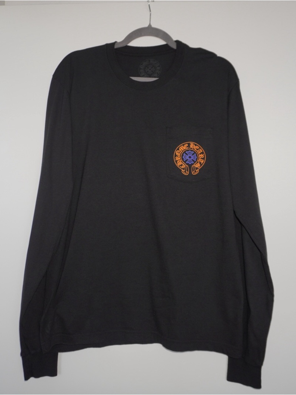 Chrome Hearts Black Long-Sleeve Pocket Tee with Orange & Blue Logo